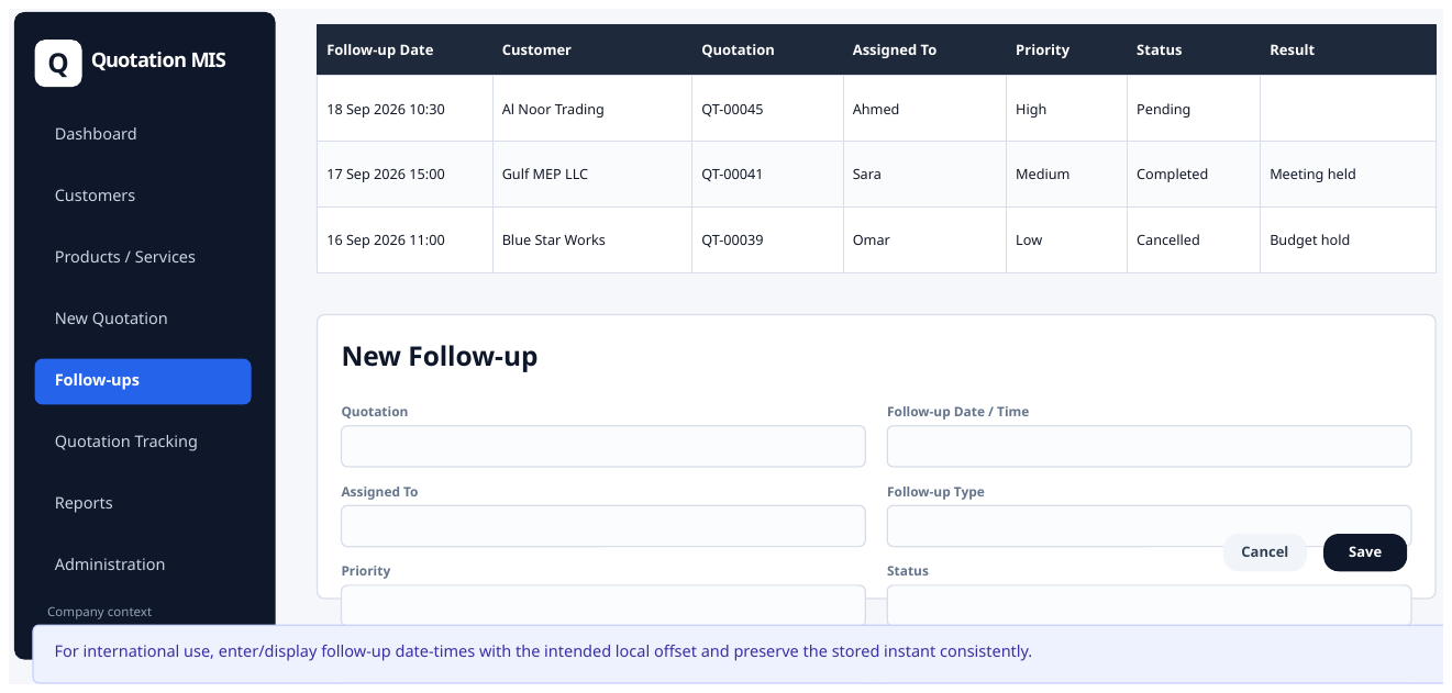 Follow-up management screen