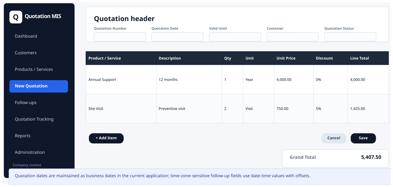 Quotation creation screen